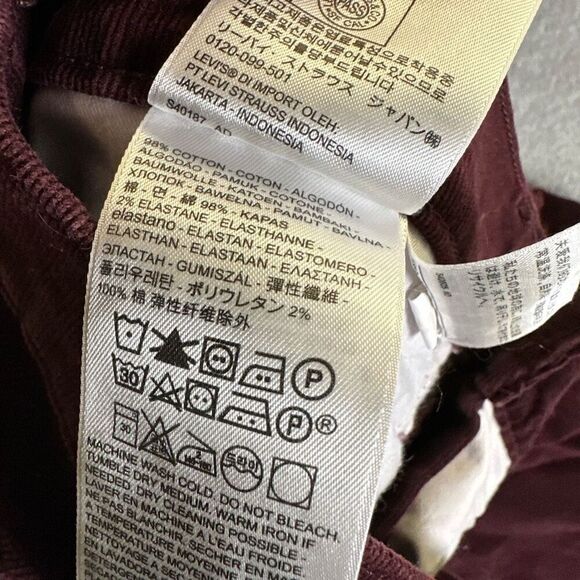 Levis Womens Size 32 Shaping Skinny Leg Corduroy Pants Burgundy Low Rise - Picture 3 of 10